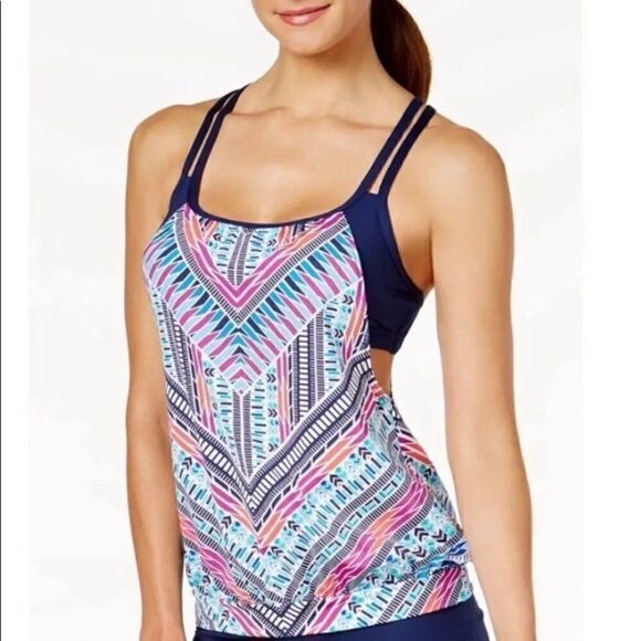 Jag Chevron Cross-Back Tankini Top Pink & Blue Size Medium - Picture 1 of 9